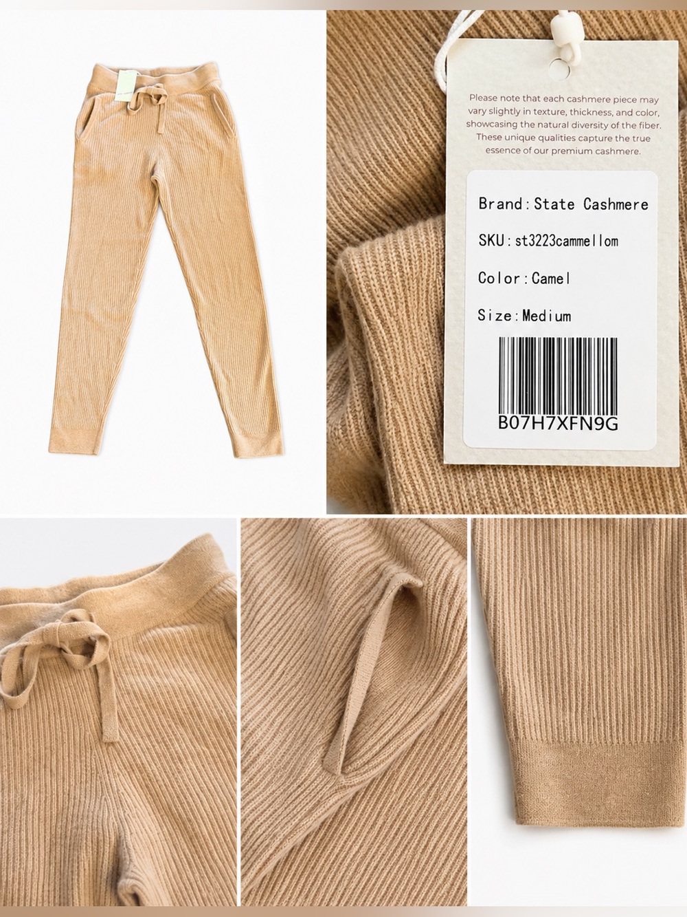 State Cashmere Camel Ribbed Cashmere Jogger Pants NWT Medium